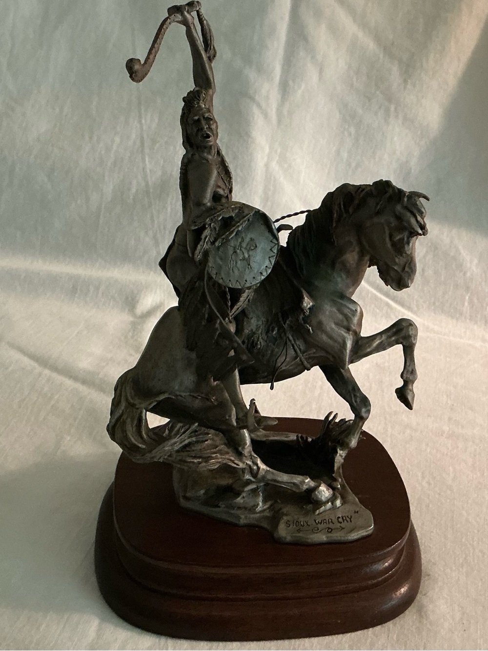 Bronze-Style Native Warrior on Horse Sculpture - Brown Finish